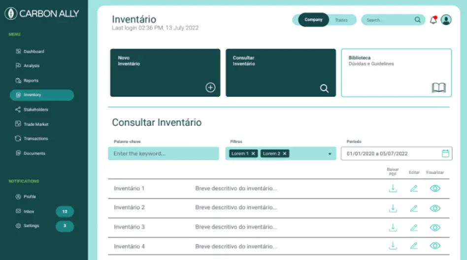 Tela da plataforma de inventários de emissões de carbono